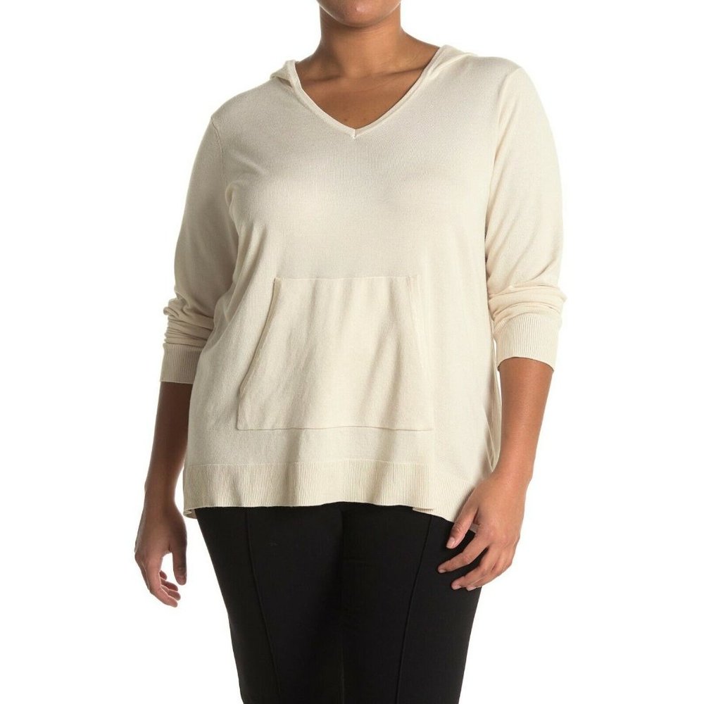 DEVOTION by CYRUS Kangaroo Pocket V-Neck Hoodie Knit Sweater Beige - Size 1X - Picture 1 of 5